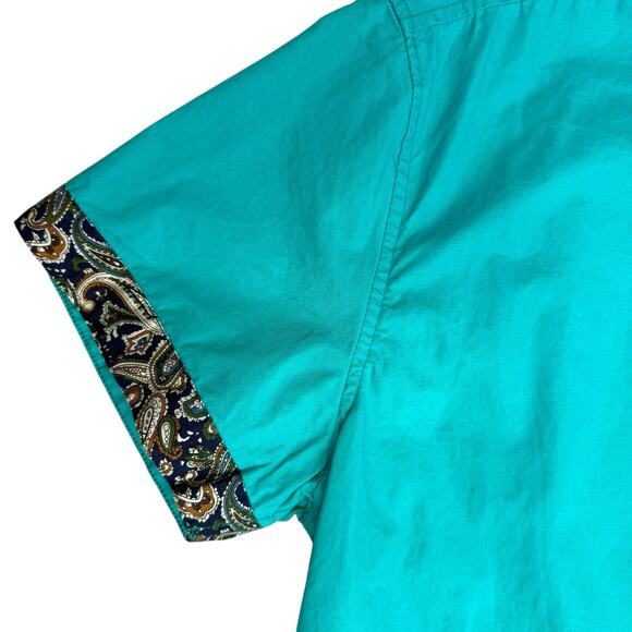 Coofandy Casual Short Sleeve Shirt Mens Large Green Slim Fit Button Paisley Trim - Picture 3 of 13